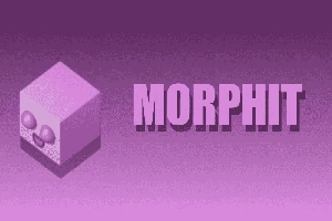Ett lila tredimensionellt block med ett ansikte bredvid texten MORPHIT på en gradient lila bakgrund