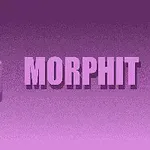 Ett lila tredimensionellt block med ett ansikte bredvid texten MORPHIT på en gradient lila bakgrund