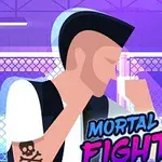 En tecknad figur med mohawkliknande frisyr och tatuering, framför ett galler i en neonupplyst miljö, med texten Mortal Cage Fighter i förgrunden
