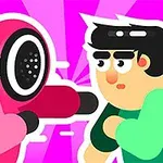 En tecknad figur i rosa overall med en svart mask och en man i grön tröja som står mot varandra med en lila bakgrund
