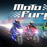 Tre motorcyklister i färgglada dräkter kör snabbt på en väg, med texten Moto Fury ovanför