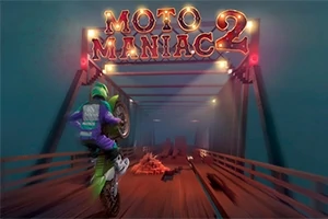 Motorcyklist på ett bakhjul på en träbro under en neonupplyst skylt med texten Moto Maniac 2