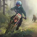 En person på motorcykel jagas av en björn i en skogsstig