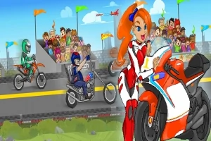 Motorcykeltävling med tre tecknade förare, åskådare i bakgrunden och en kvinna i vit och röd dräkt på en sportmotorcykel i förgrunden