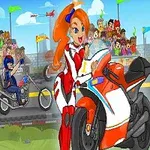 Motorcykeltävling med tre tecknade förare, åskådare i bakgrunden och en kvinna i vit och röd dräkt på en sportmotorcykel i förgrunden