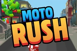 Texten MOTO RUSH i stora bokstäver framför en färgstark stadsmiljö med träd och byggnader i bakgrunden