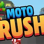 Texten MOTO RUSH i stora bokstäver framför en färgstark stadsmiljö med träd och byggnader i bakgrunden