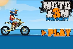 En tecknad motorcyklist med hjälm på ett guldfärgat fordon framför en blå bakgrund med texten PLAY i orange och MOTO X3M POOL PARTY upptill