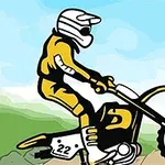 En tecknad motorcyklist med gul dräkt och hjälm kör en motorcykel med numret 22 i ett landskap med blå himmel och gröna kullar