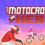 Tre motocrossförare i olika färger kör på en bana under en blå himmel med en stor titel ovanför