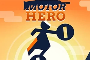 En silhuettfigur kör enhjuling mot bakgrund av en orange himmel med texten MOTOR HERO