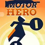 En silhuettfigur kör enhjuling mot bakgrund av en orange himmel med texten MOTOR HERO