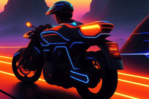 En futuristisk motorcykel med neonljus kör längs en lysande bana mot en neonfärgad horisont