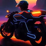 En futuristisk motorcykel med neonljus kör längs en lysande bana mot en neonfärgad horisont