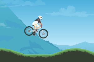En cyklist i hjälm hoppar med en mountainbike över en grön kulle mot en bakgrund av berg och blå himmel