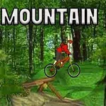 En tecknad cyklist iförd röd tröja hoppar över en ramp i en grön skogsmiljö med texten MOUNTAIN BIKE ovanför