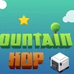 Tecknad scen med en blå fågel, ett blockigt får, ett träd och en gul stjärna på en grön-blå bakgrund med texten Mountain Hop