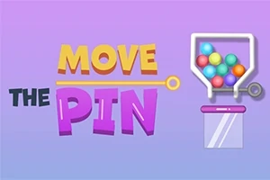 Färgglada bokstäver som stavar MOVE THE PIN bredvid en behållare med flerfärgade bollar mot en lila bakgrund
