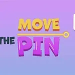 Färgglada bokstäver som stavar MOVE THE PIN bredvid en behållare med flerfärgade bollar mot en lila bakgrund