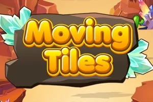 Texten Moving Tiles i gula bokstäver mot en bakgrund av stenar och kristaller i en ökenmiljö