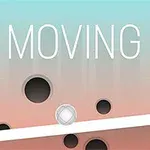 Texten MOVING UP med en lutande plattform, en vit boll och svarta hål på en gradientbakgrund