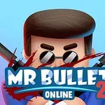 Tecknad figur med solglasögon och två pistoler, blodstänk samt texten MR BULLET 2 ONLINE mot blå bakgrund
