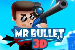 Tecknad karaktär med solglasögon håller en stor pistol med sikte mot en blå bakgrund, texten MR BULLET 3D syns i förgrunden