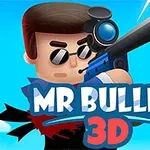 Tecknad karaktär med solglasögon håller en stor pistol med sikte mot en blå bakgrund, texten MR BULLET 3D syns i förgrunden