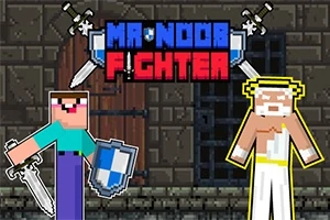 Två pixlade tecknade karaktärer med svärd och sköldar står framför en grå stenvägg med texten Mr Noob Fighter ovanför