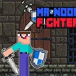 Två pixlade tecknade karaktärer med svärd och sköldar står framför en grå stenvägg med texten Mr Noob Fighter ovanför