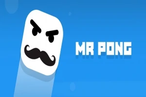 En tecknad vit ruta med en mustasch och arga ögon bredvid texten MR PONG på en blå bakgrund