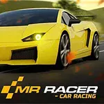 Gul sportbil med lysande strålkastare kör snabbt på en väg, med texten MR RACER - CAR RACING i förgrunden