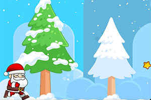 Tomte springer i ett vinterlandskap med snöiga träd och en stjärna
