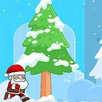Tomte springer i ett vinterlandskap med snöiga träd och en stjärna