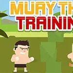 Två tecknade figurer i Muay Thai-ställning framför ett grönt träningsblock med texten Muay Thai Training ovanför