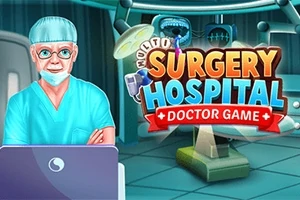 Kirurg i operationssal med datorskärm och färgglad text som säger Surgery Hospital Doctor Game