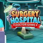Kirurg i operationssal med datorskärm och färgglad text som säger Surgery Hospital Doctor Game