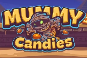 Tecknad mumie med ett brett leende omgiven av karameller, med texten Mummy Candies i bakgrunden