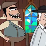 Två animerade figurer i gammaldags kläder står framför ett färgglatt glasfönster; den ena har en kniv och ser illvillig ut, och den andra har en hatt och käpp