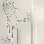 En tecknad karaktär med hatt trycker på en hissknapp