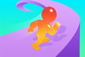 En glansig, orange figur springer på en spiralformad, lila väg mot en blå och grön bakgrund