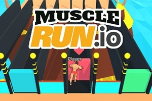 En tecknad muskulös figur springer genom en hinderbana med texten MUSCLE RUN