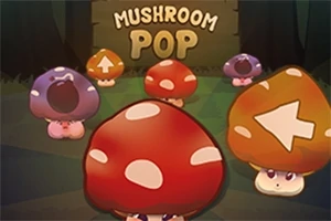 Flera tecknade svampar med olika färger och symboler framför en skylt där det står Mushroom Pop