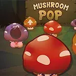 Flera tecknade svampar med olika färger och symboler framför en skylt där det står Mushroom Pop