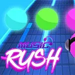 Färgglada sfärer svävar ovanför en väg med en av dem bärande hörlurar, mot en lysande blå bakgrund med texten Music Rush