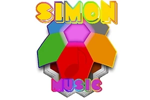 Färgglatt mönster i form av en hexagon med ordet SIMON ovanför och MUSIC nedanför