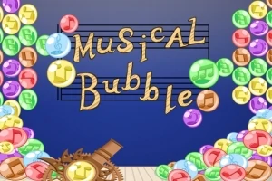 Färgglada bubblor med musiknoter omger texten Musical Bubble mot en blå bakgrund