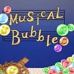 Färgglada bubblor med musiknoter omger texten Musical Bubble mot en blå bakgrund