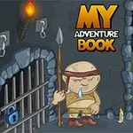 En tecknad scen i en fängelsehåla med en stor vakt med spjut, ett galler med blått lås, en ljuslockig pojke och texten My Adventure Book 2