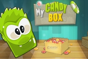 En grön tecknad figur med stora ögon bredvid en låda full med godis under texten My Candy Box